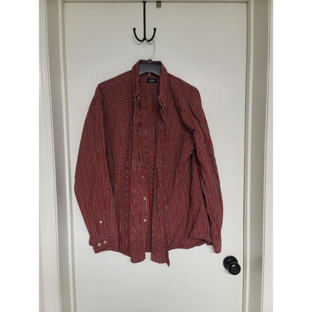 ~ mens IZOD redish/orange plaid full button up dress shirt - size XL